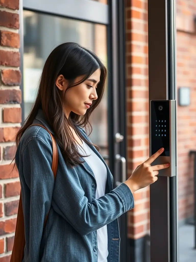 A modern video intercom system installed at the entrance of a Montreal apartment building, showing a resident using the intercom to grant access to a visitor.