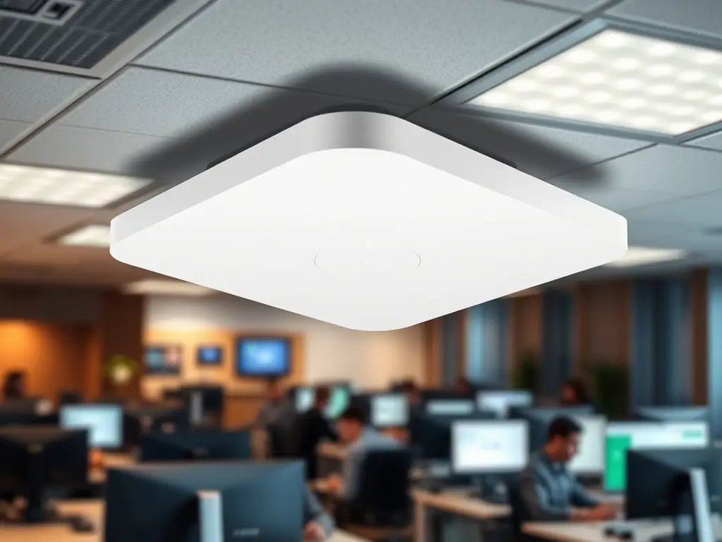 A high-resolution image of a modern enterprise WiFi access point mounted on the ceiling of a busy office, showcasing its sleek design and unobtrusive integration into the workspace.