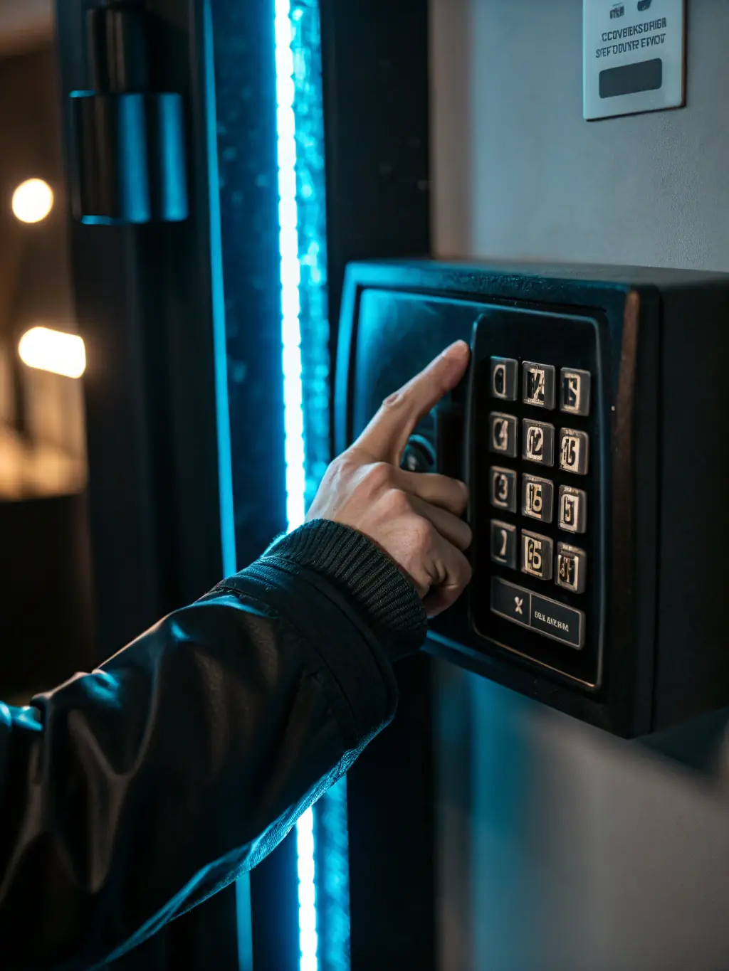 A close-up of a keypad entry system installed at the entrance of a retail store in Montreal, with a person entering a PIN code.