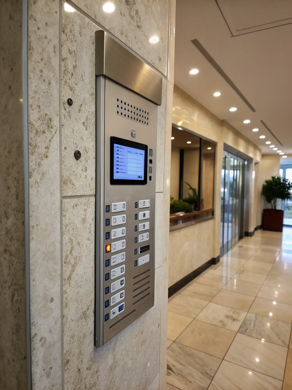 A sleek video intercom panel installed in a modern Montreal office building, with employees using it to screen visitors.