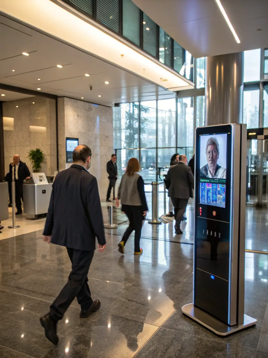A brightly lit office space with Fortexa door sensors visible on the entrance doors, emphasizing the system's capability to secure commercial properties and protect valuable business assets.