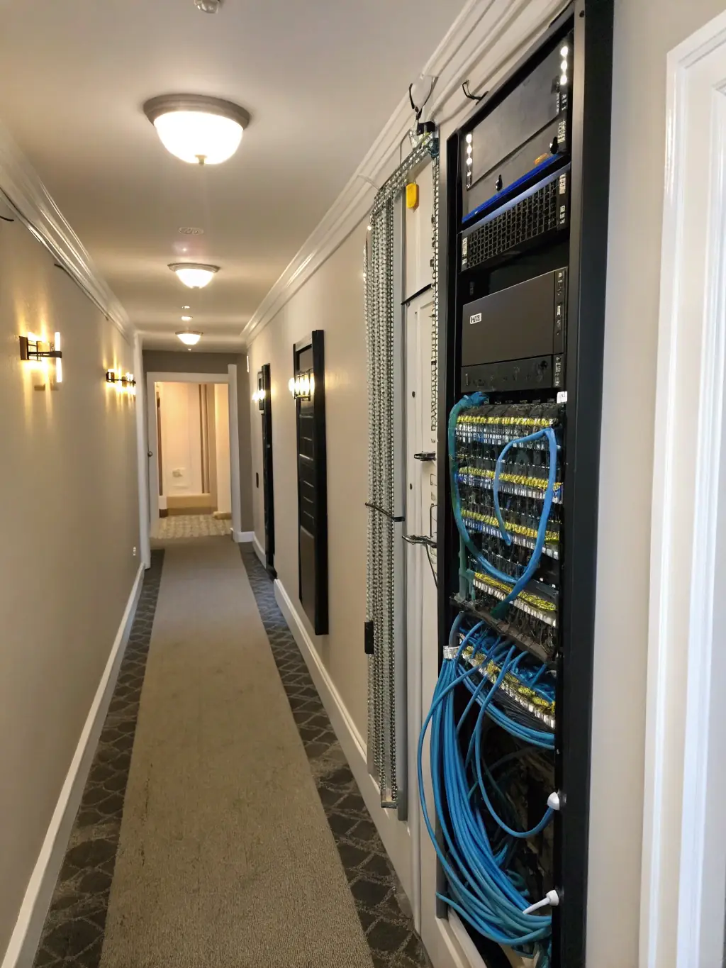 A modern multi-unit residential building with structured cabling infrastructure for internet, TV, and security systems. The image should showcase the convenience and connectivity provided to residents.