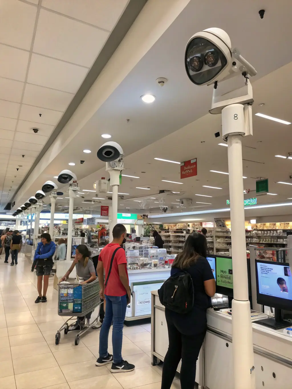 A retail store with multiple customers browsing products, all while the store's operations are smoothly running on a Fortexa-managed network, including POS systems and security cameras.