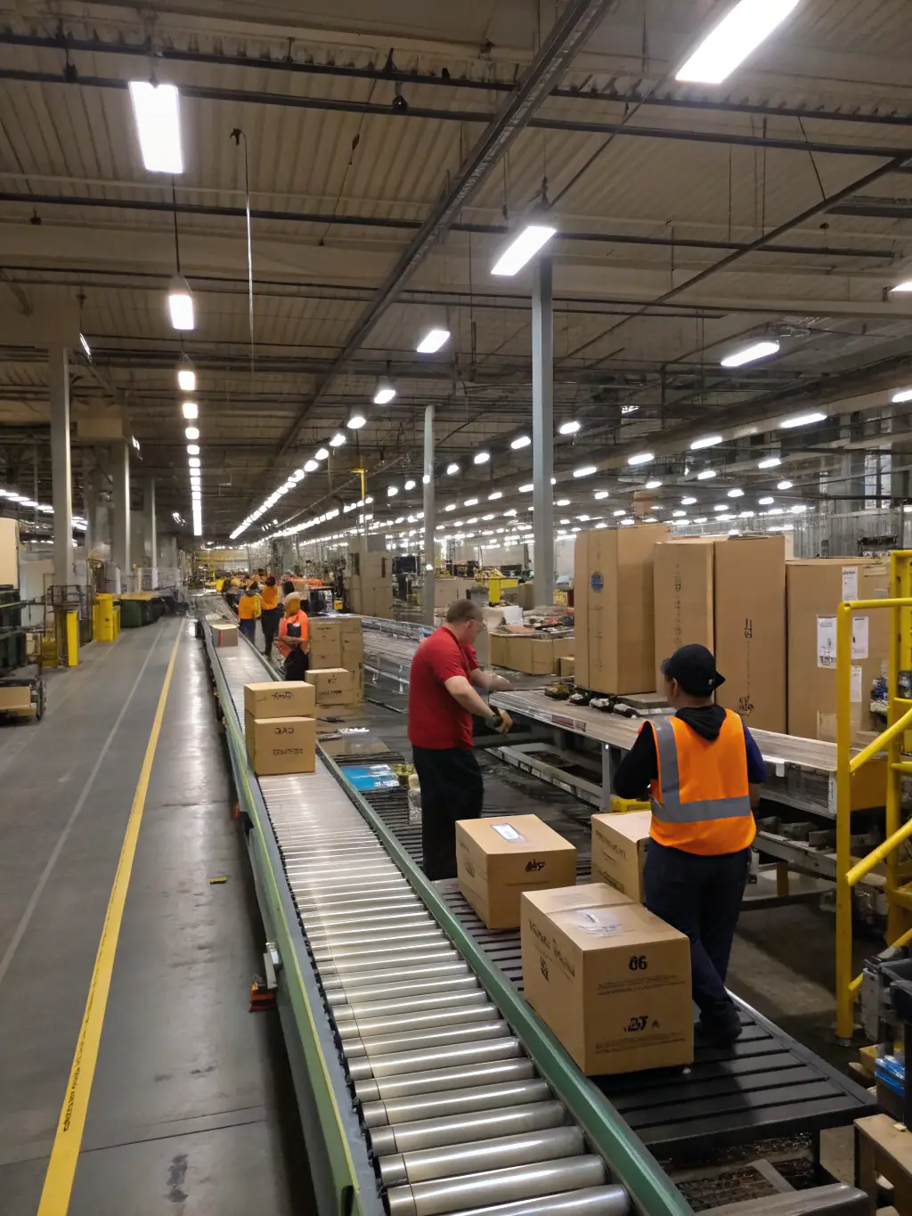 A large warehouse with automated systems and workers using handheld devices, all connected to a robust Fortexa network, ensuring efficient logistics and inventory management.