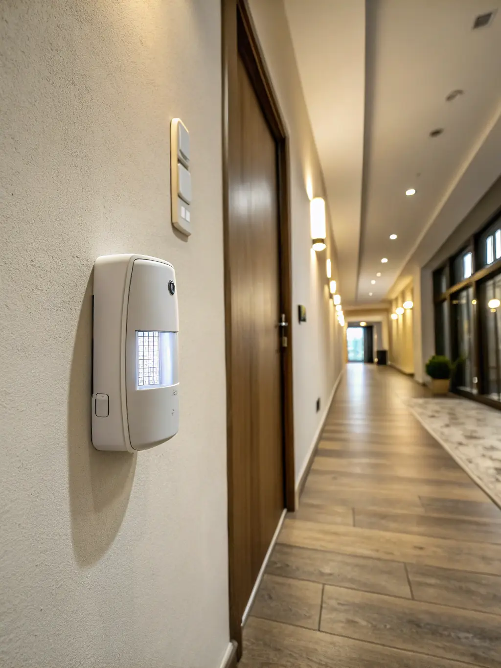 A high-resolution image depicting a modern motion sensor discreetly installed in a well-lit Montreal home, showcasing its sleek design and unobtrusive presence.