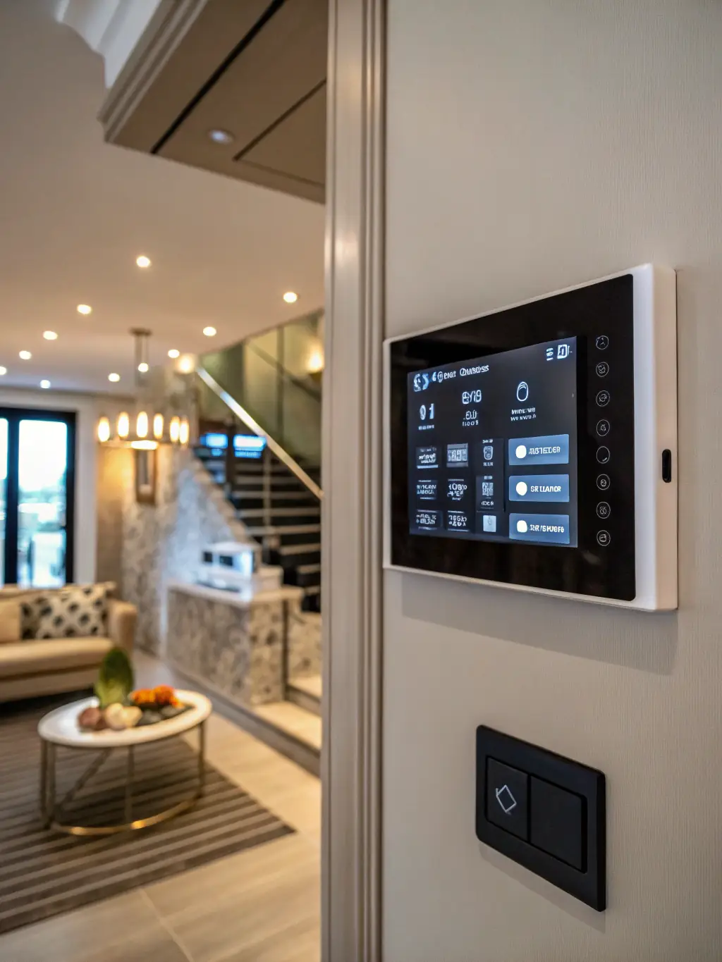 An image of a user interacting with a sleek, modern alarm control panel in a Montreal office setting, emphasizing its user-friendly interface and intuitive controls.