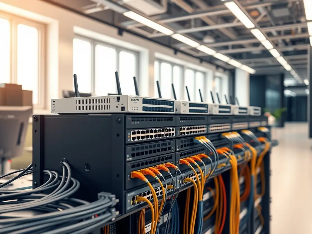 A detailed image of a network switch and router setup in a clean, organized server room, highlighting the professional cabling and efficient use of space.