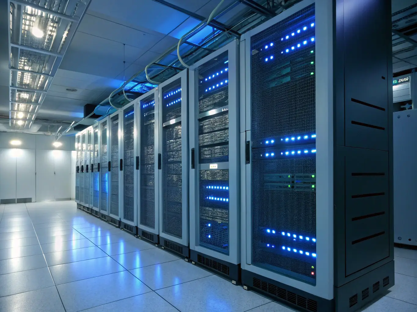 A professional photograph of a well-organized server rack in a data center, showcasing the secure and efficient storage of network equipment.