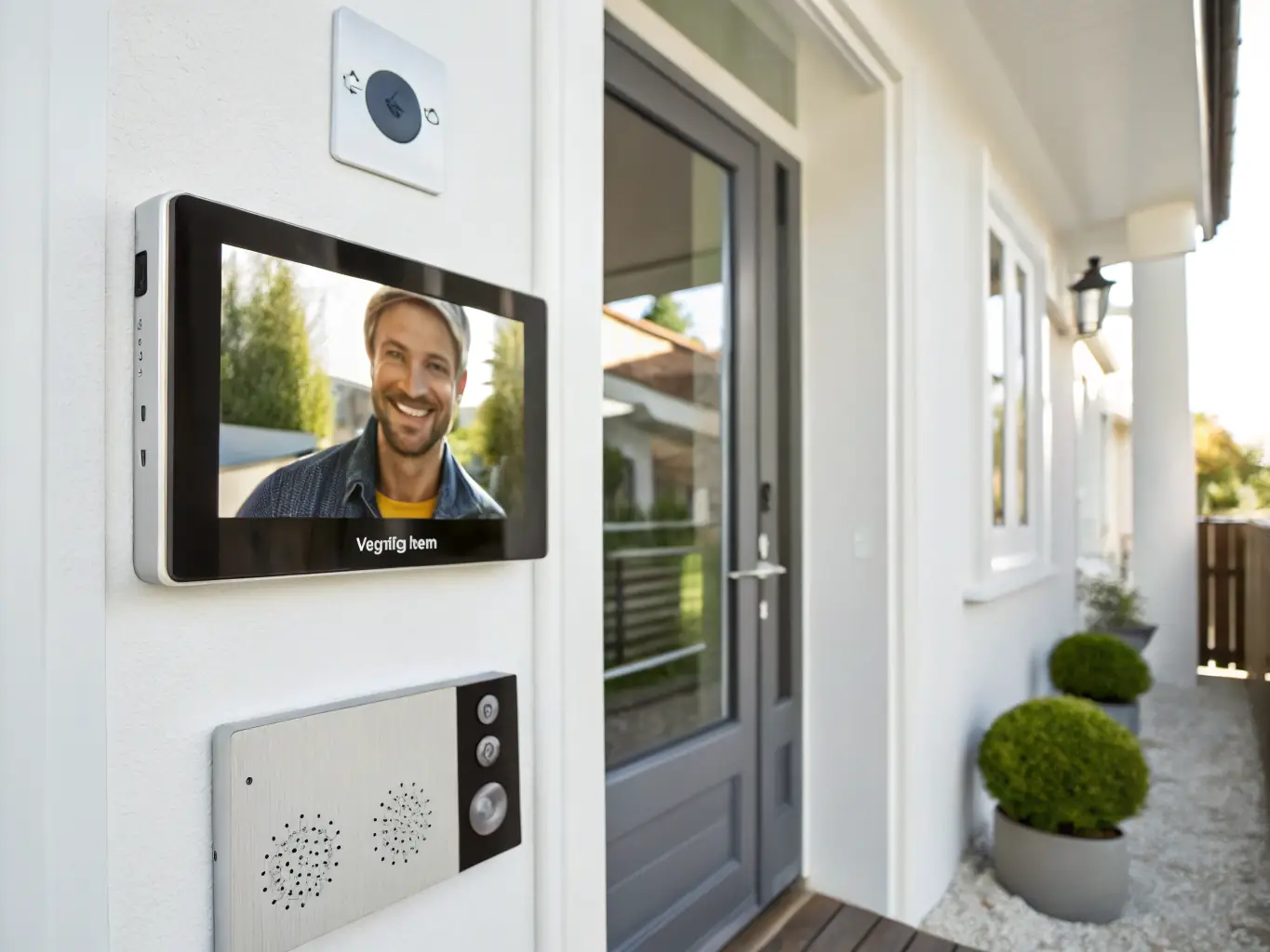A sleek, modern video intercom panel installed at the entrance of an apartment building, displaying a clear video feed of a visitor.