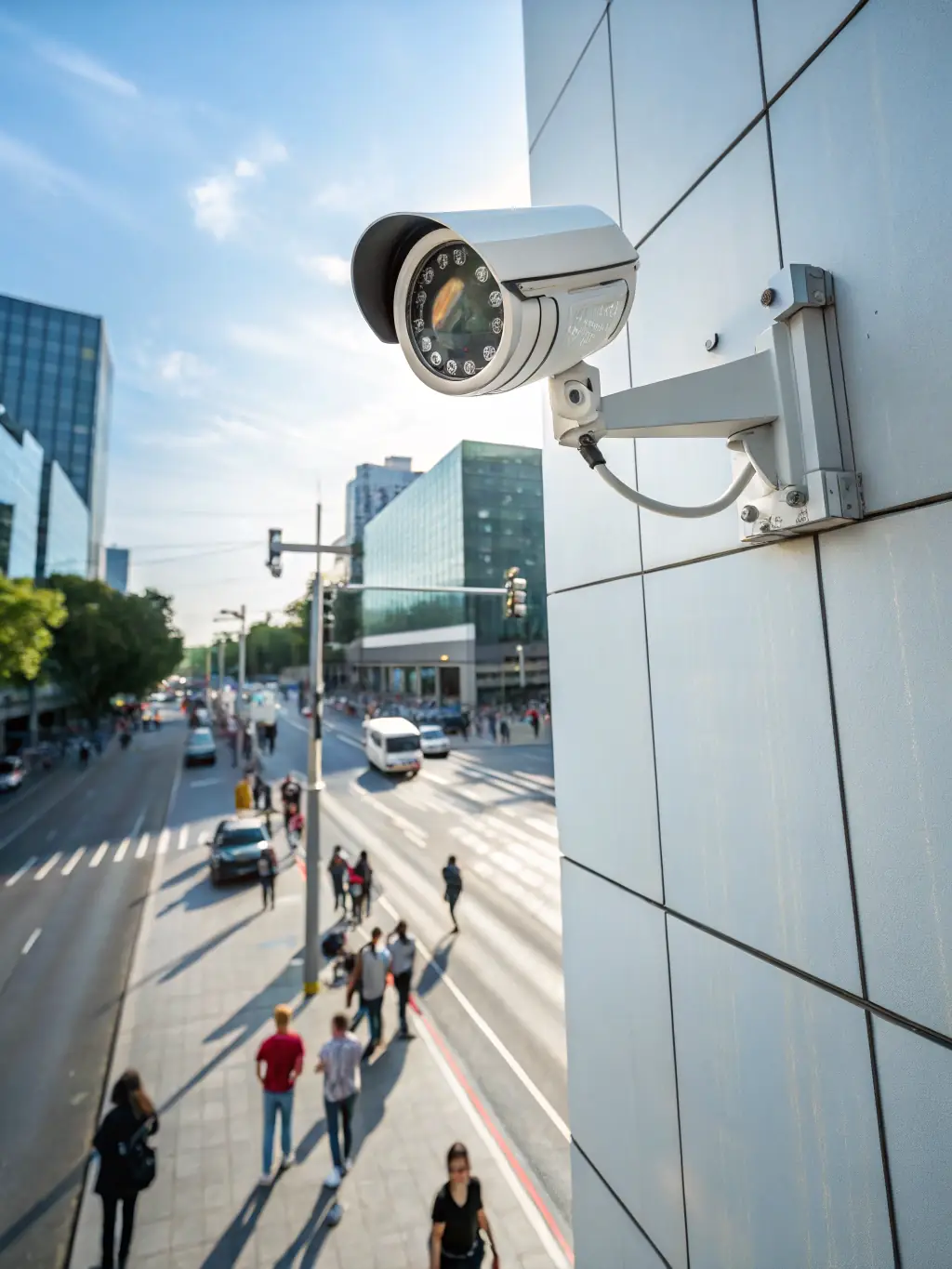 A wide-angle security camera covering a large area, showcasing its extensive field of view and comprehensive coverage.