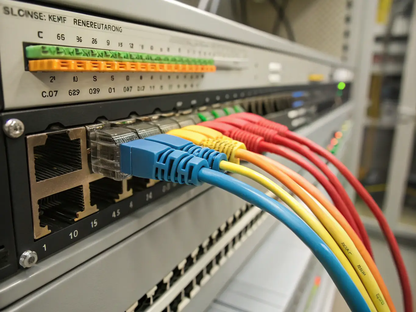 A close-up shot of neatly organized Cat6 cables connected to a patch panel in a server rack, highlighting the precision and organization of Fortexa's cabling solutions.
