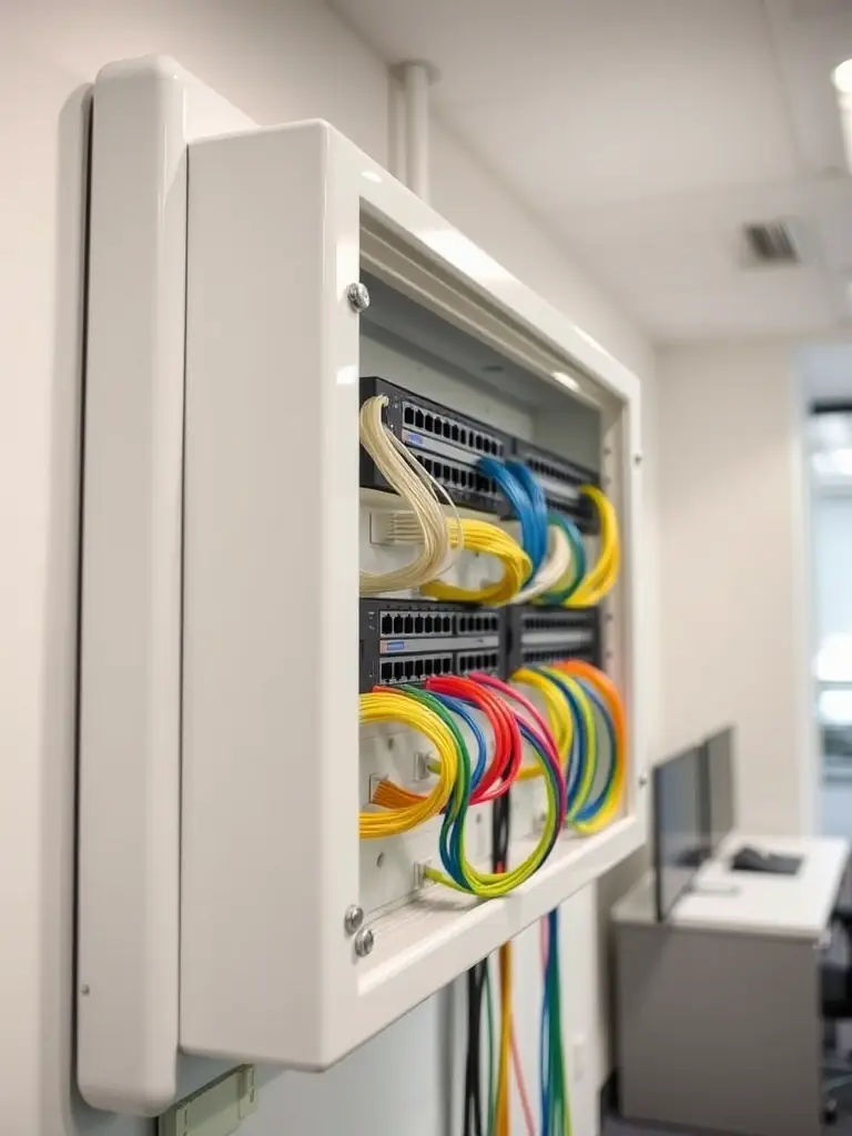 A modern office space with neatly organized Cat6 cables running along the walls and ceiling, connecting computers and other devices. The image should convey a sense of order and efficiency.
