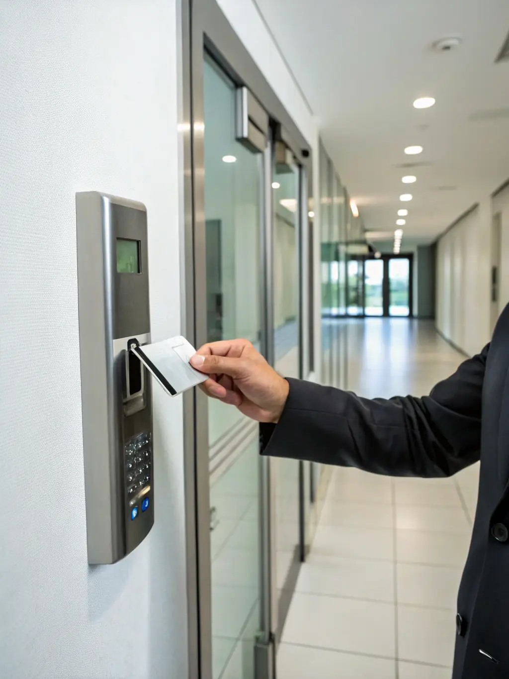 A sleek, modern keycard access reader mounted on an office door, with a person holding a keycard nearby, ready to swipe. The background shows a professional office environment in Montreal.