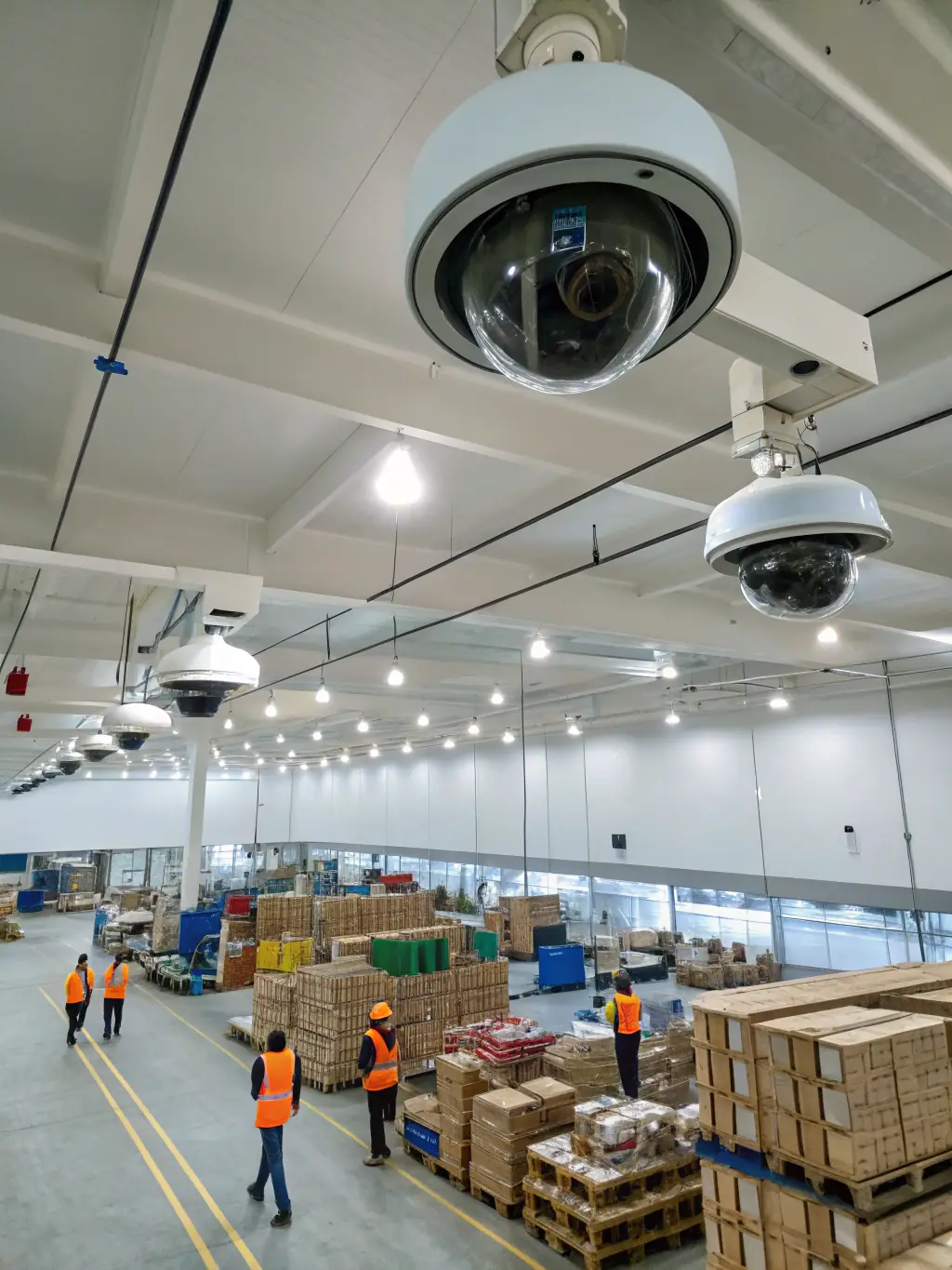 A large warehouse with Fortexa security cameras and alarm systems visible, demonstrating the system's ability to secure large commercial properties and protect valuable inventory.