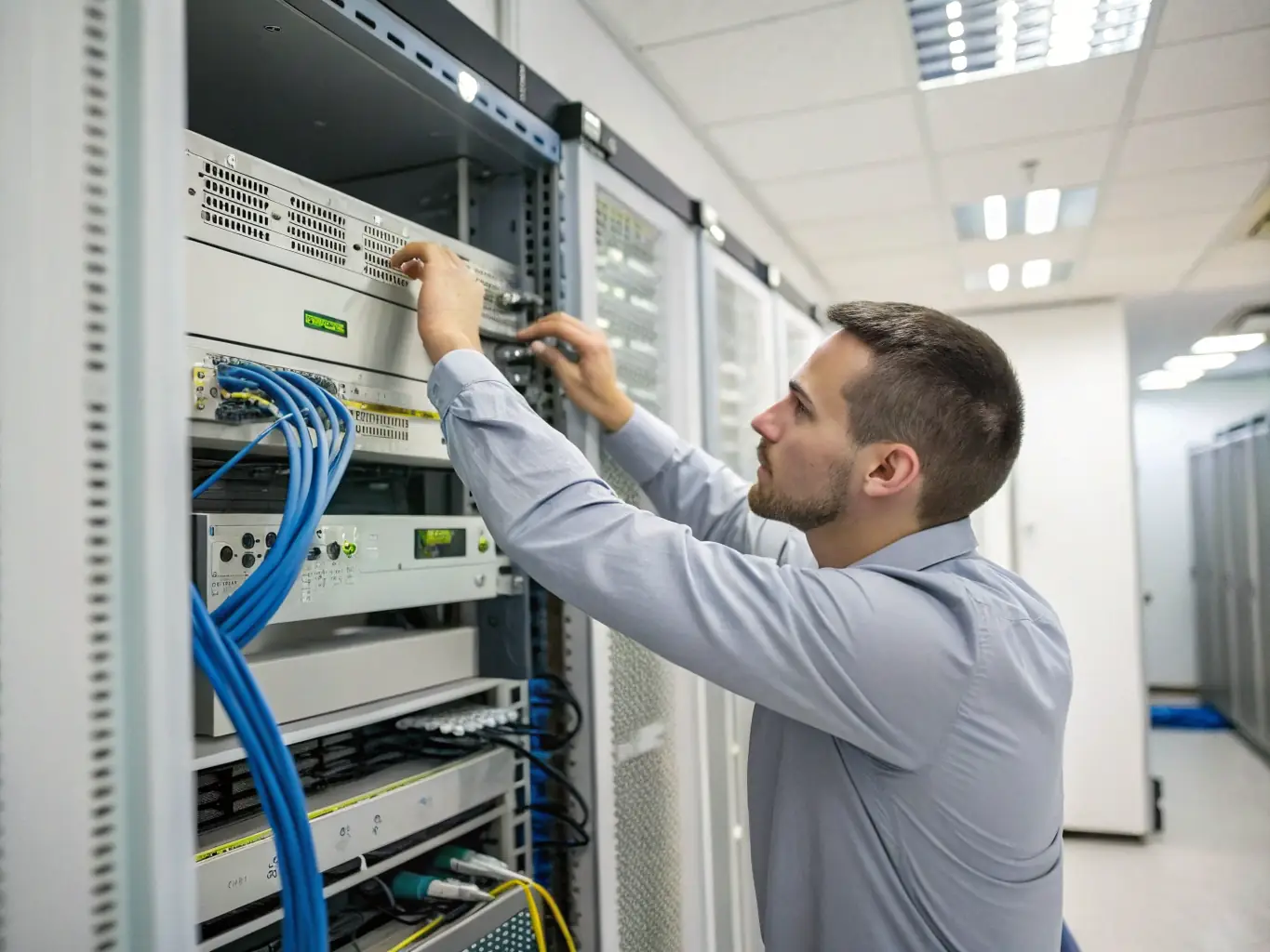 An image of a technician professionally installing fiber optic cables in a data center, showcasing the expertise and precision involved in Fortexa's fiber optic installations.