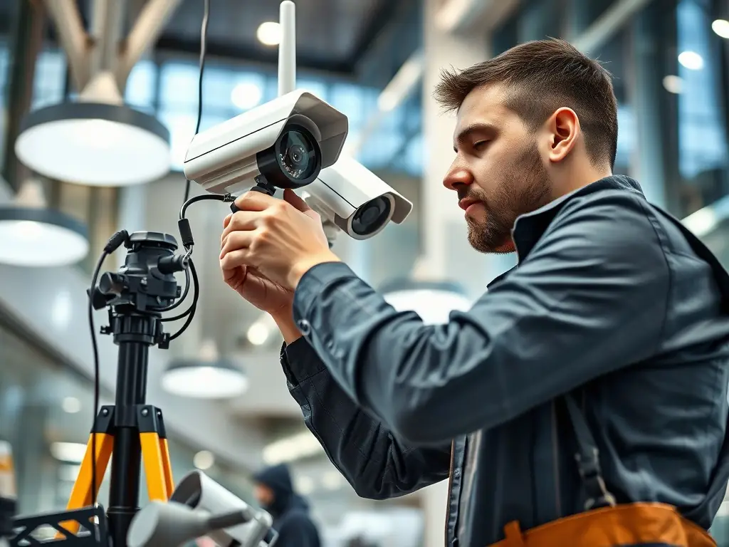 A professional security technician installing a high-end CCTV camera system in a modern office setting. The technician is wearing a Fortexa uniform, and the focus is on the precision and care taken during the installation process.