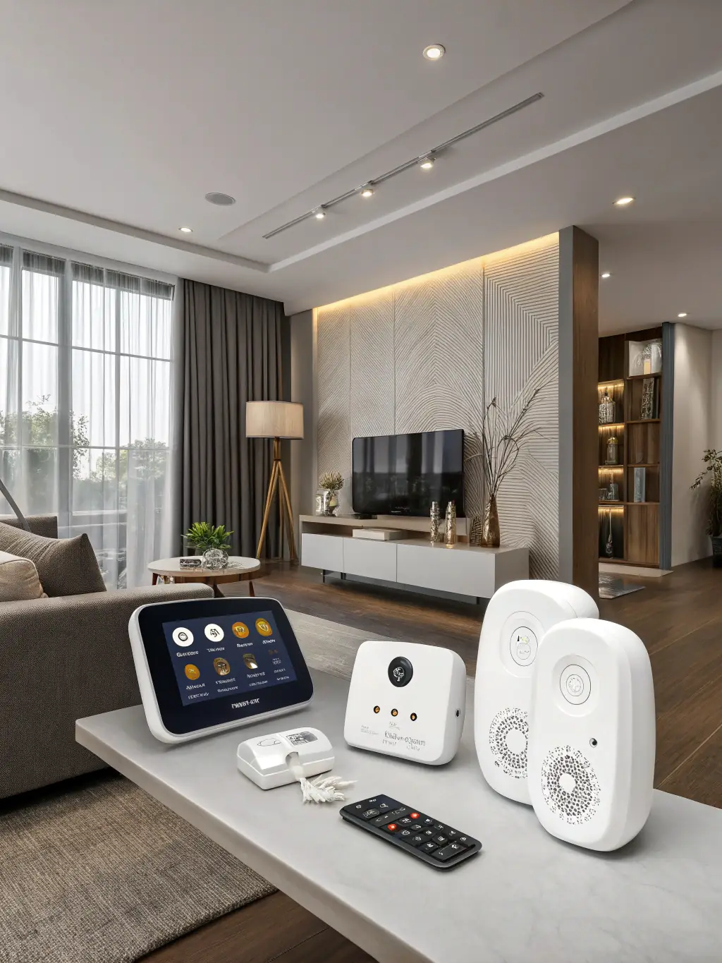 A modern home interior with a Fortexa motion sensor discreetly installed in the corner of a living room, showcasing the system's ability to blend seamlessly with home decor while providing reliable security.