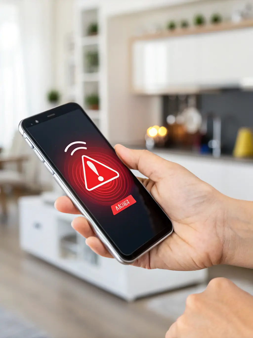 A security camera detecting motion in a dark environment, with an alert notification displayed on a mobile phone.