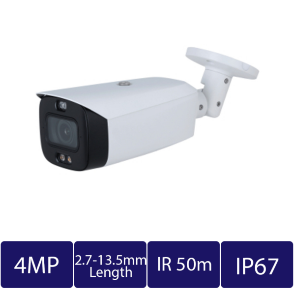 4MP à double éclairage intelligent et dissuasion active varifocale Caméra bullet réseau (CAM-IP9734T-PV-Z-AI)